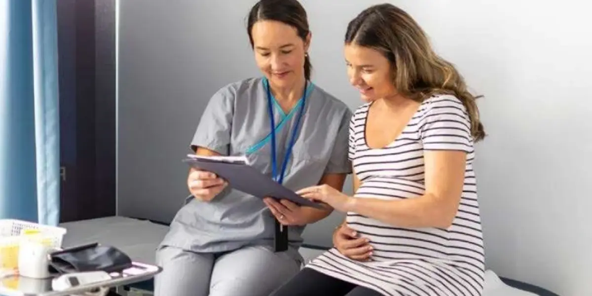Healthcare professional reviewing information with pregnant woman