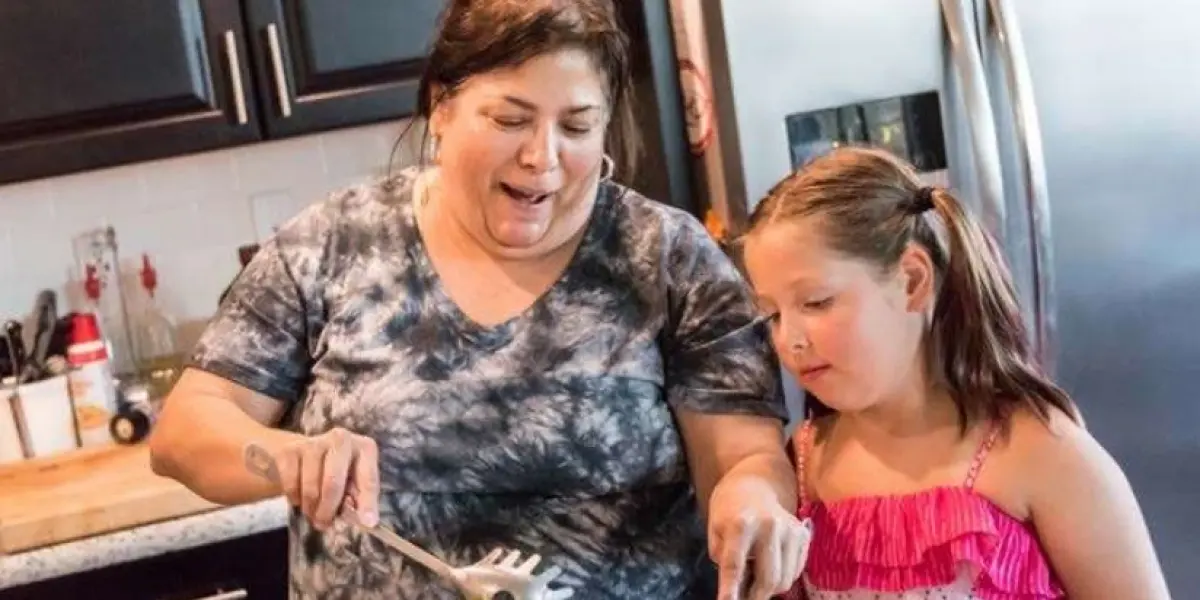 Woman and young girl cooking together in their kitchen